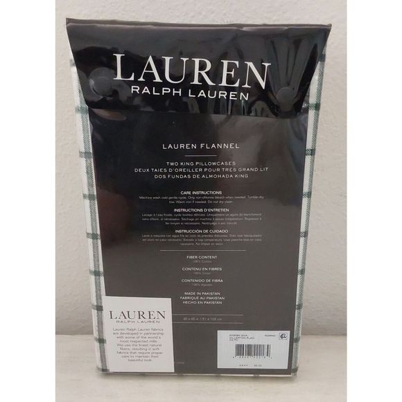 Ralph Lauren FLANNEL Cotton White Green Red MILLERTON PLAID Two King Pillowcases - Picture 7 of 10